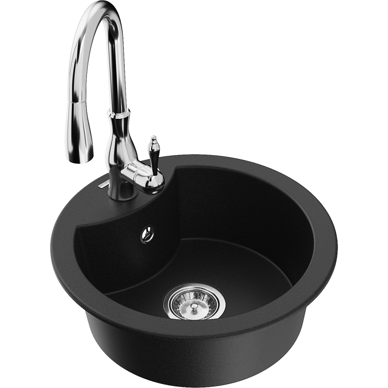 Mexen Diego 1-compartment granite sink with a kitchen mixer tap Savita, Black - 6512-77-672601-00