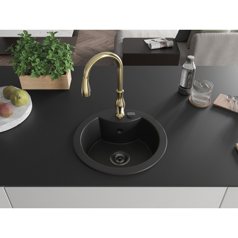 Mexen Diego 1-bowl granite sink with Savita kitchen faucet, black - 6512-77-672601-50-B