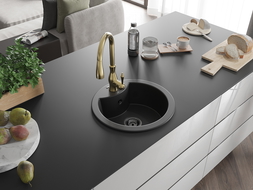 Mexen Diego 1-compartment granite sink with a kitchen mixer tap Savita, Black - 6512-77-672601-50-B