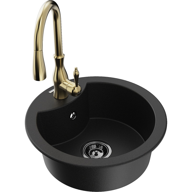 Mexen Diego 1-bowl granite sink with Savita kitchen faucet, black - 6512-77-672601-50-B
