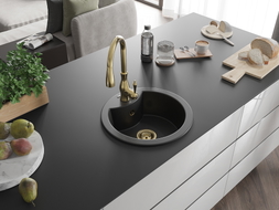 Mexen Diego granite kitchen sink 1-bowl with Savita kitchen faucet, black - 6512-77-672601-50