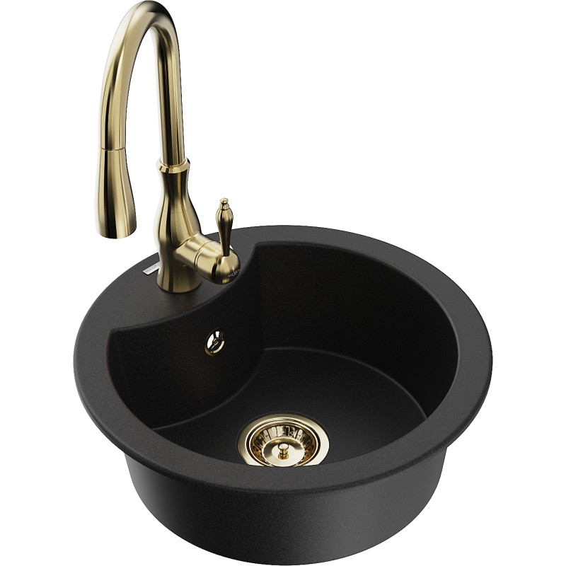 Mexen Diego granite single-bowl sink with Savita kitchen faucet, black - 6512-77-672601-50