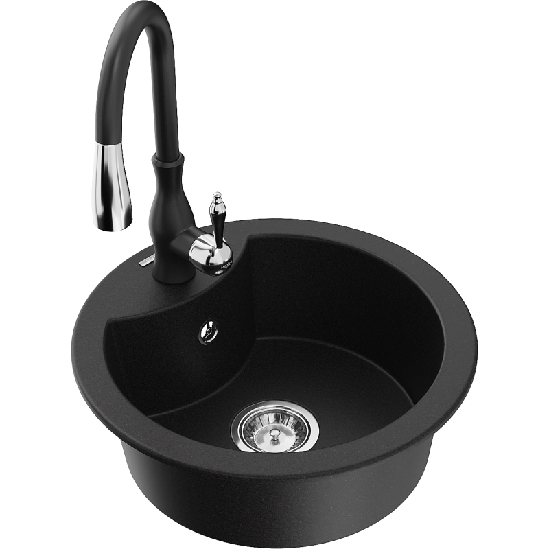 Mexen Diego 1-bowl granite kitchen sink with Savita tap, black - 6512-77-672601-70