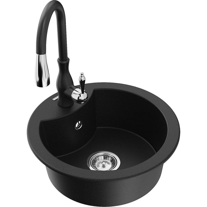 Mexen Diego 1-bowl granite sink with Savita kitchen faucet, black - 6512-77-672601-70