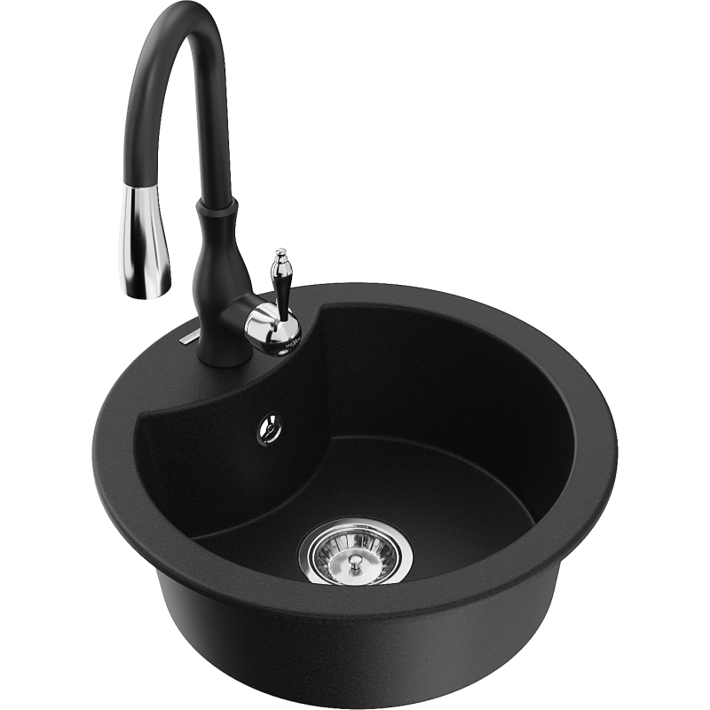 Mexen Diego 1-compartment granite sink with a kitchen mixer tap Savita, Black - 6512-77-672601-70