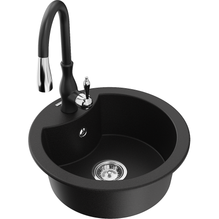Mexen Diego 1-compartment granite sink with a kitchen mixer tap Savita, Black - 6512-77-672601-70
