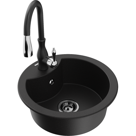 Mexen Diego granite sink single-bowl with Savita kitchen tap, black - 6512-77-672601-70-B