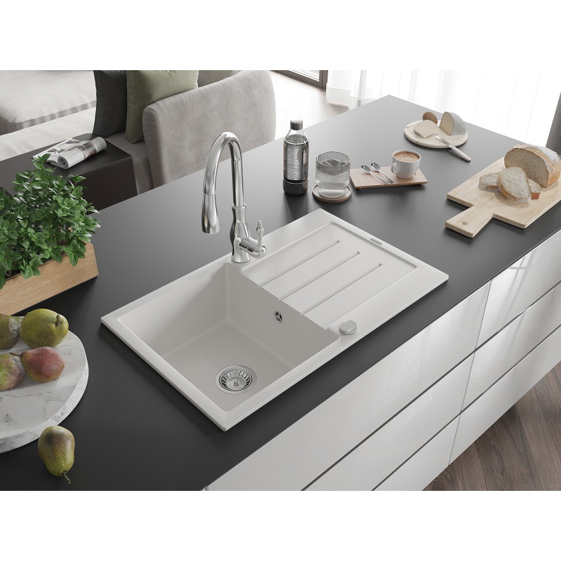 Mexen Bruno 1-bowl granite sink with drainer and Savita kitchen faucet, white - 6513-20-672601-00