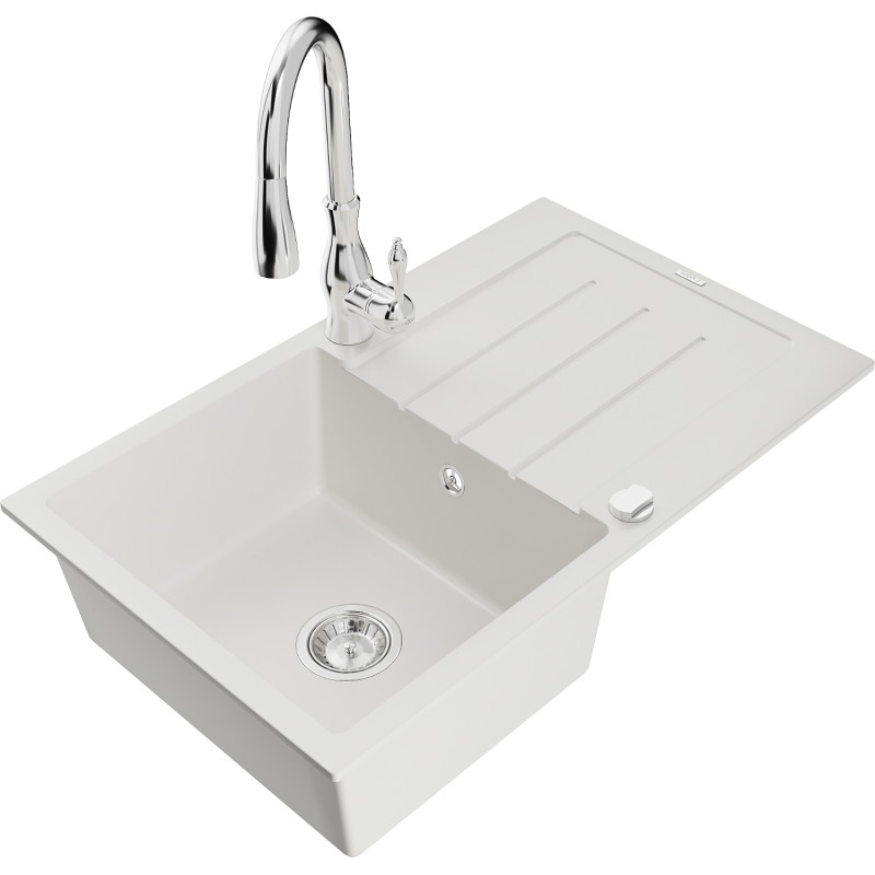 Mexen Bruno 1-bowl granite sink with drainer and Savita kitchen faucet, white - 6513-20-672601-00