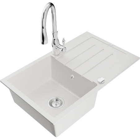 Mexen Bruno 1-bowl granite sink with drainer and Savita kitchen faucet, white - 6513-20-672601-00