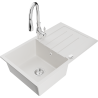 Mexen Bruno 1-bowl granite sink with drainer and Savita kitchen faucet, white - 6513-20-672601-00