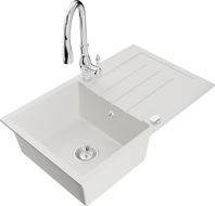Mexen Bruno granite sink 1-bowl with drainer and Savita kitchen tap, white - 6513-20-672601-00
