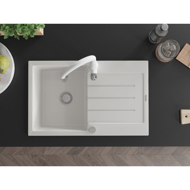 Mexen Bruno 1-bowl granite sink with drainer and Savita kitchen tap, white - 6513-20-672601-20