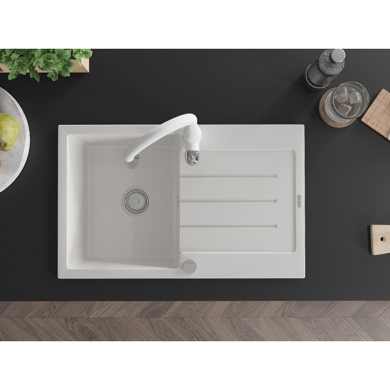 Mexen Bruno granite kitchen sink 1-bowl with drainer and Savita kitchen faucet, white - 6513-20-672601-20