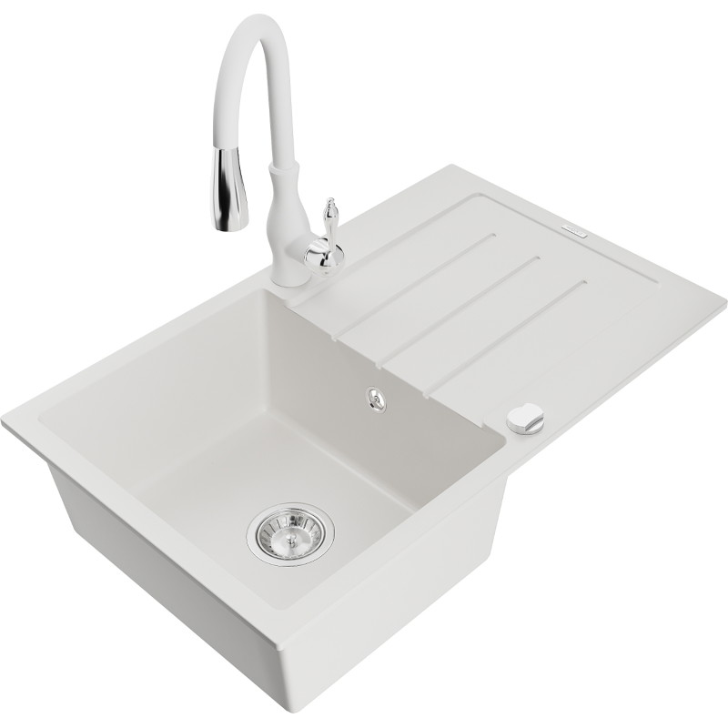 Mexen Bruno 1-bowl granite sink with drainer and Savita kitchen faucet, white - 6513-20-672601-20
