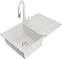 Mexen Bruno 1-bowl granite sink with drainer and Savita kitchen faucet, white - 6513-20-672601-20
