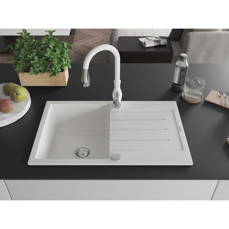 Mexen Bruno 1-bowl granite sink with drainer and Savita kitchen faucet, white - 6513-20-672601-20