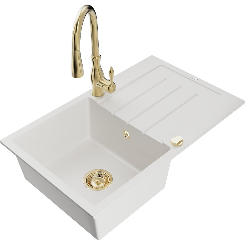 Mexen Bruno 1-bowl granite sink with drainer and Savita kitchen faucet, white - 6513-20-672601-50