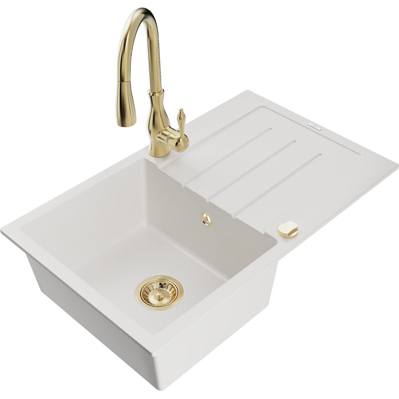 Mexen Bruno 1-compartment granite sink with a drip tray and kitchen mixer tap Savita, White - 6513-20-672601-50