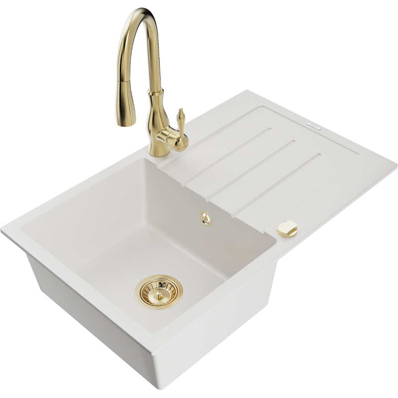 Mexen Bruno granite sink 1-bowl with drainer and Savita kitchen tap, white - 6513-20-672601-50
