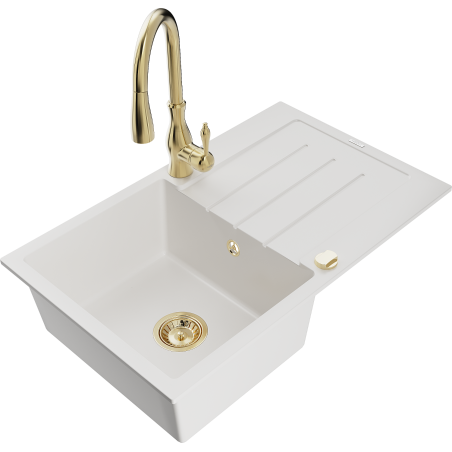 Mexen Bruno 1-bowl granite sink with drainer and Savita kitchen faucet, white - 6513-20-672601-50