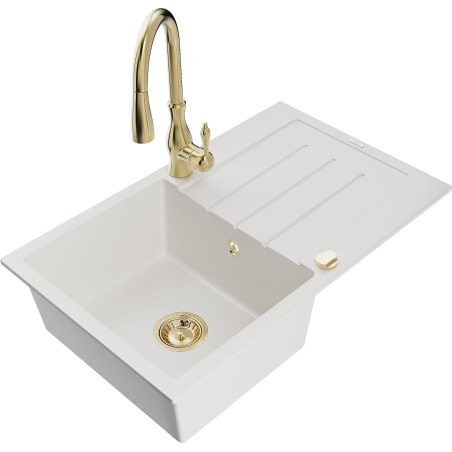 Mexen Bruno granite sink 1-bowl with drainer and Savita kitchen tap, white - 6513-20-672601-50