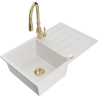 Mexen Bruno 1-bowl granite sink with drainer and Savita kitchen faucet, white - 6513-20-672601-50