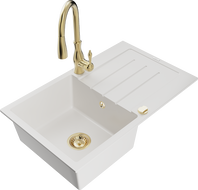 Mexen Bruno 1-bowl granite sink with drainer and Savita kitchen faucet, white - 6513-20-672601-50
