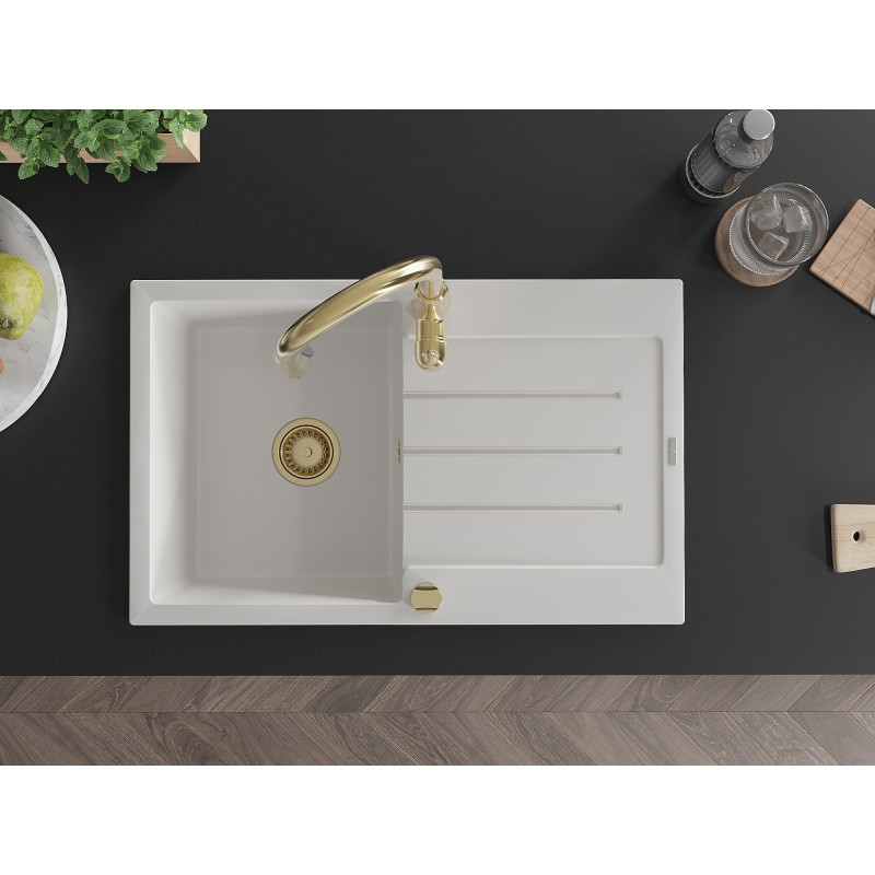 Mexen Bruno 1-bowl granite sink with drainer and Savita kitchen faucet, white - 6513-20-672601-50