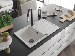 Mexen Bruno 1-compartment granite sink with a drip tray and kitchen mixer tap Savita, White - 6513-20-672601-70