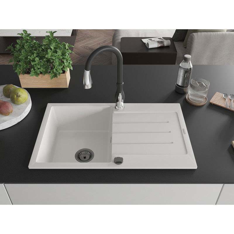 Mexen Bruno 1-bowl granite sink with drainer and Savita kitchen tap, white - 6513-20-672601-70