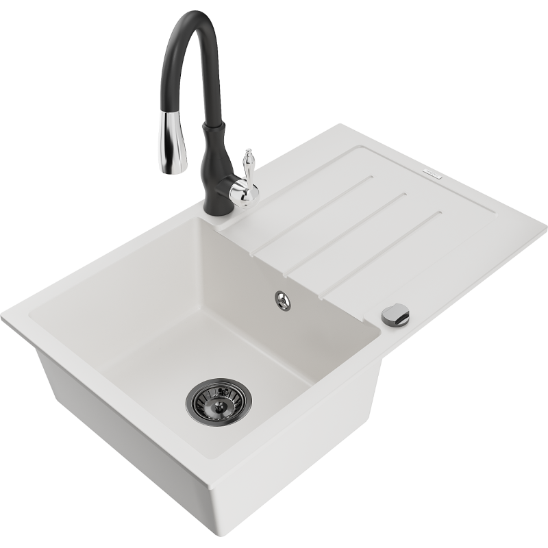 Mexen Bruno 1-bowl granite sink with drainer and Savita kitchen tap, white - 6513-20-672601-70
