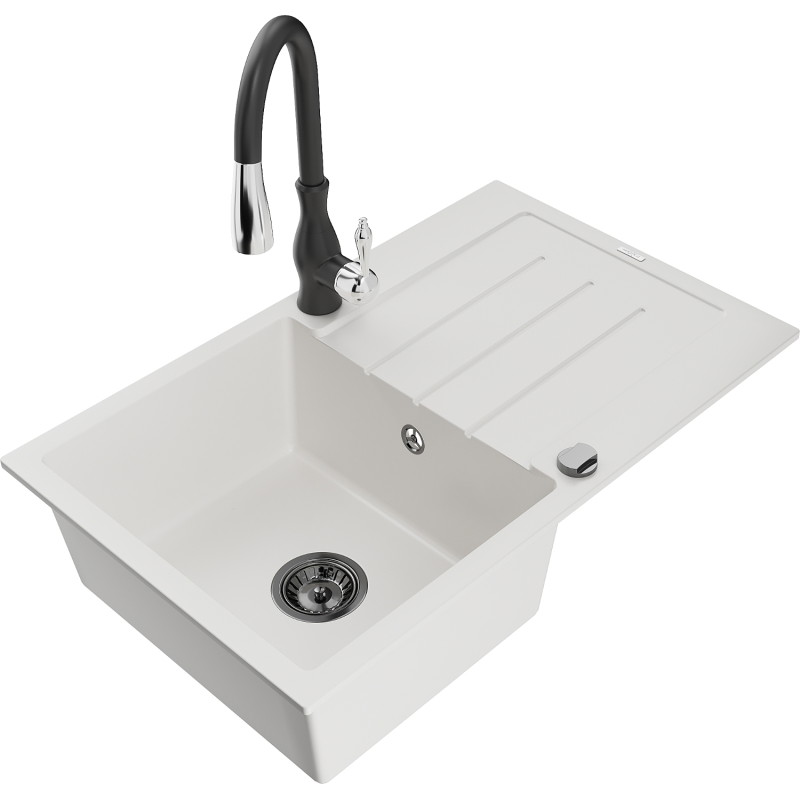 Mexen Bruno granite kitchen sink 1-bowl with drainer and Savita kitchen faucet, white - 6513-20-672601-70
