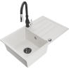 Mexen Bruno 1-bowl granite sink with drainer and Savita kitchen tap, white - 6513-20-672601-70