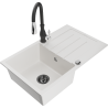 Mexen Bruno granite kitchen sink 1-bowl with drainer and Savita kitchen faucet, white - 6513-20-672601-70