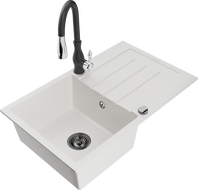 Mexen Bruno 1-bowl granite sink with drainer and Savita kitchen tap, white - 6513-20-672601-70