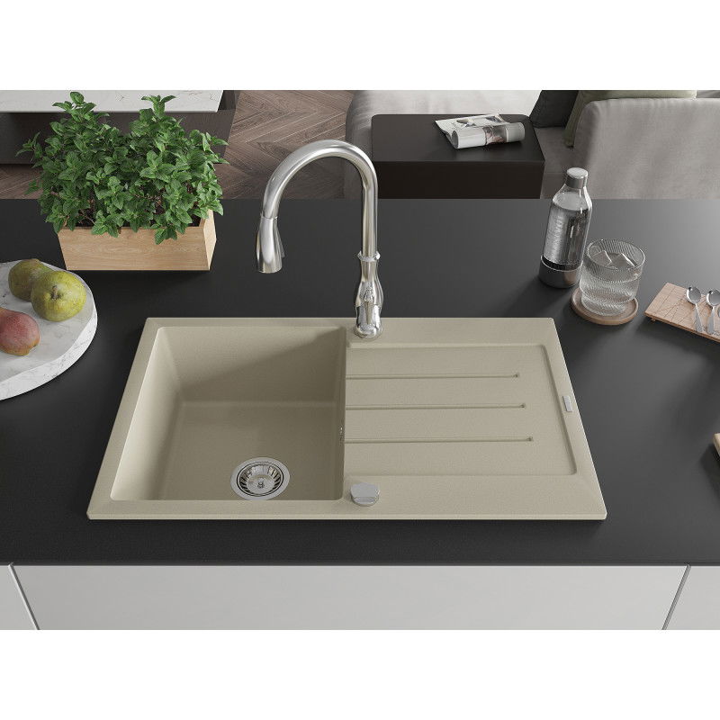 Mexen Bruno granite sink, 1-bowl with drainer and Savita kitchen tap, beige - 6513-69-672601-00