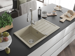 Mexen Bruno 1-compartment granite sink with a drip tray and kitchen mixer tap Savita, Beige - 6513-69-672601-00