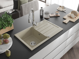 Mexen Bruno granite kitchen sink 1-bowl with drainer and Savita faucet, beige - 6513-69-672601-00
