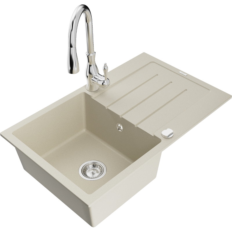 Mexen Bruno granite kitchen sink 1-bowl with drainer and Savita faucet, beige - 6513-69-672601-00