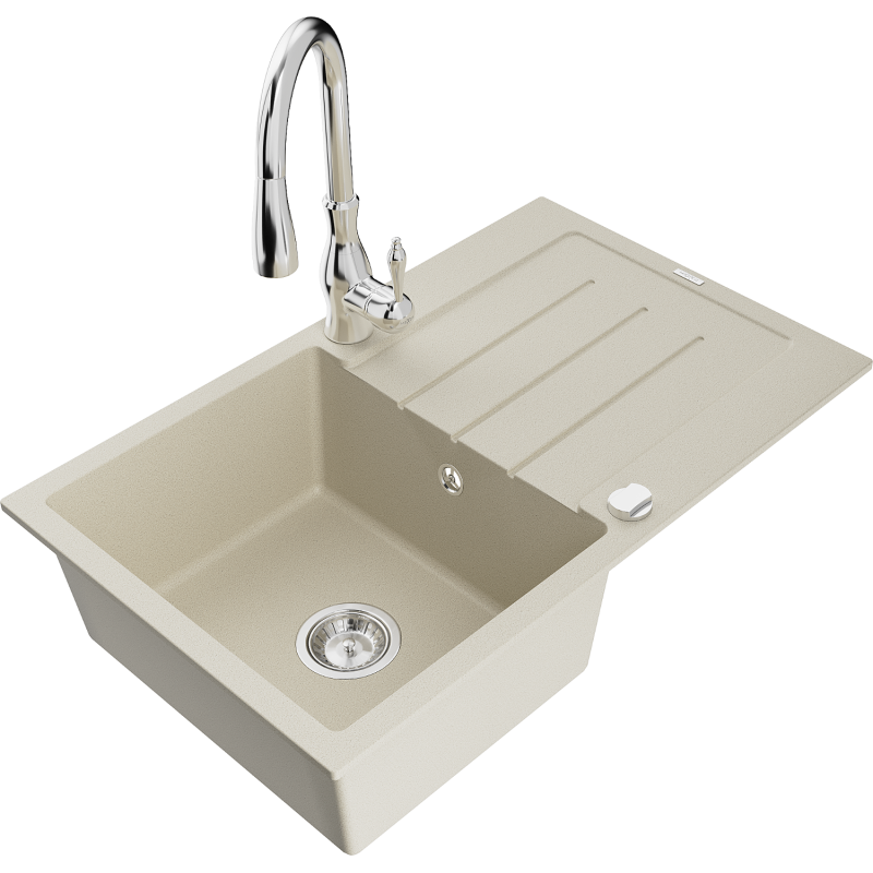 Mexen Bruno granite sink, 1-bowl with drainer and Savita kitchen tap, beige - 6513-69-672601-00