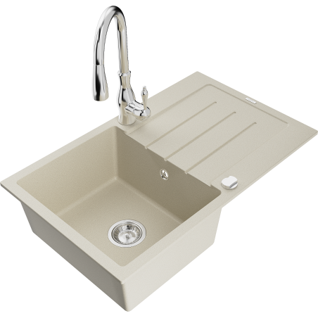Mexen Bruno granite sink, 1-bowl with drainer and Savita kitchen tap, beige - 6513-69-672601-00