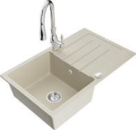 Mexen Bruno 1-compartment granite sink with a drip tray and kitchen mixer tap Savita, Beige - 6513-69-672601-00