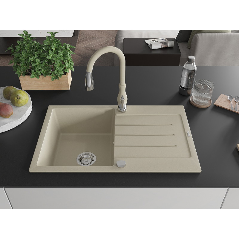 Mexen Bruno 1-bowl granite kitchen sink with drainer and Savita kitchen faucet, beige - 6513-69-672601-69