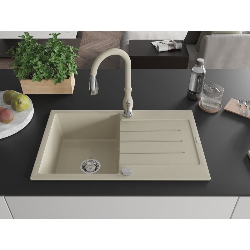 Mexen Bruno 1-bowl granite sink with drainer and Savita kitchen faucet, beige - 6513-69-672601-69