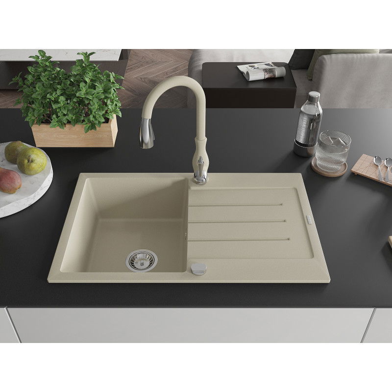 Mexen Bruno 1-bowl granite sink with drainer and Savita kitchen tap, beige - 6513-69-672601-69
