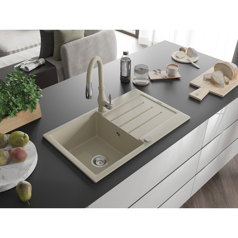 Mexen Bruno 1-bowl granite kitchen sink with drainer and Savita kitchen faucet, beige - 6513-69-672601-69