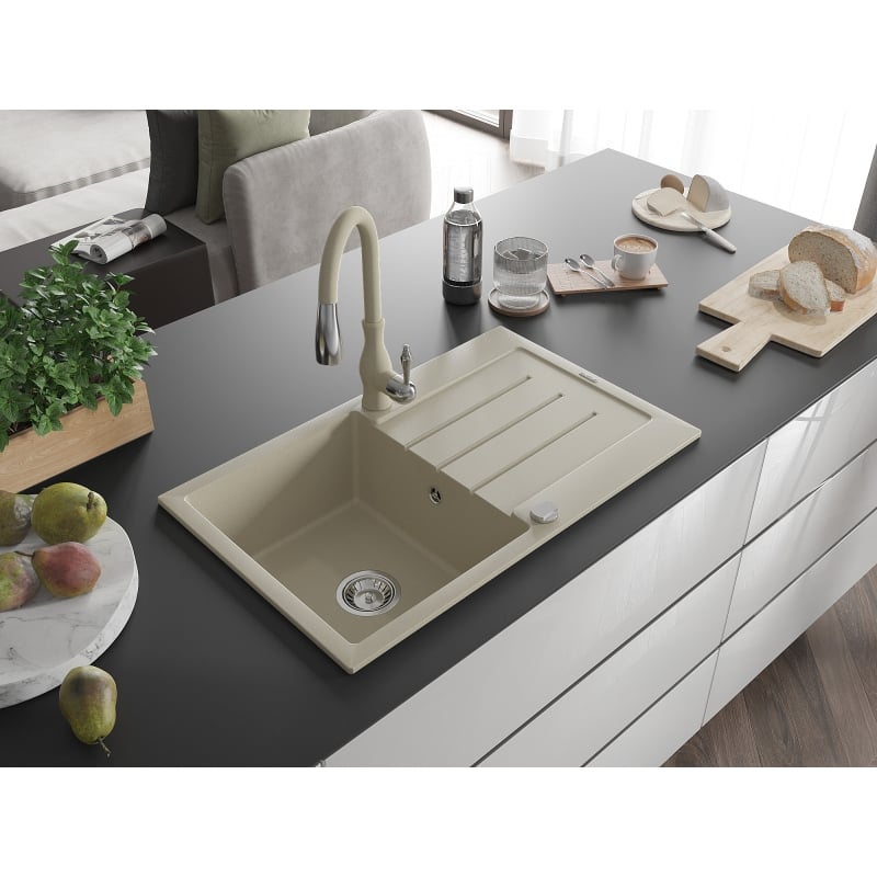 Mexen Bruno 1-bowl granite sink with drainer and Savita kitchen faucet, beige - 6513-69-672601-69