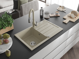 Mexen Bruno 1-compartment granite sink with a drip tray and kitchen mixer tap Savita, Beige - 6513-69-672601-69