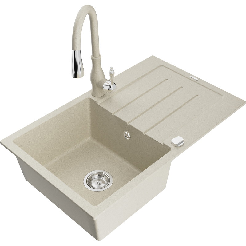 Mexen Bruno 1-bowl granite kitchen sink with drainer and Savita kitchen faucet, beige - 6513-69-672601-69